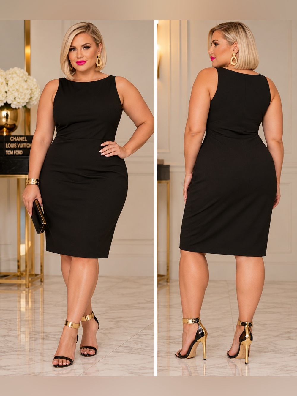 R&M Richards Black Sleeveless Sheath Midi Dress